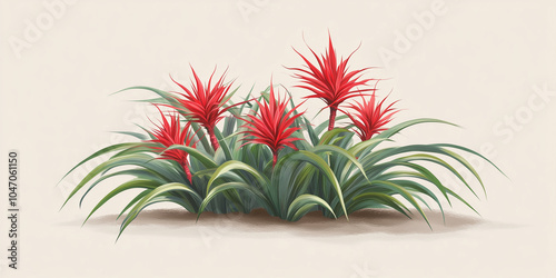 Ionantha clump with red leaves signaling blooming stage, illustration art photo