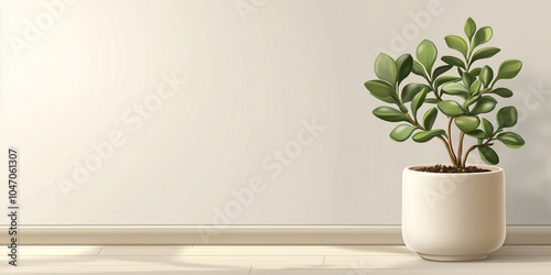 Jade plant with oval leaves on woody stems in an indoor pot, illustration art