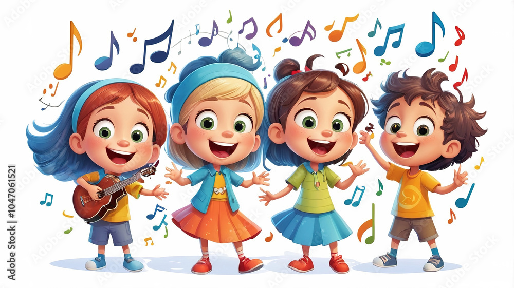 Cartoon children singing together with music notes, joyful and animated, on a white background. Cartoon children singing together with music notes, joyful and animated, on a white background.