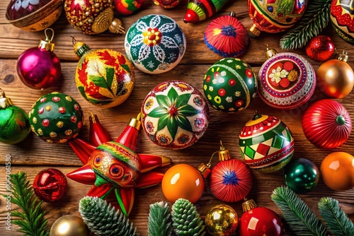 Aerial View of Colorful Mexico Themed Christmas Ornaments for a Festive Holiday Atmosphere