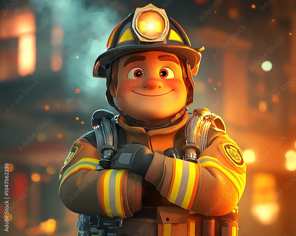 Energetic illustration of a cartoon fireman in full gear, including a headlamp helmet, confidently standing with arms crossed Energetic illustration of a cartoon fireman in full gear, including a headlamp helmet, confidently standing with arms crossed