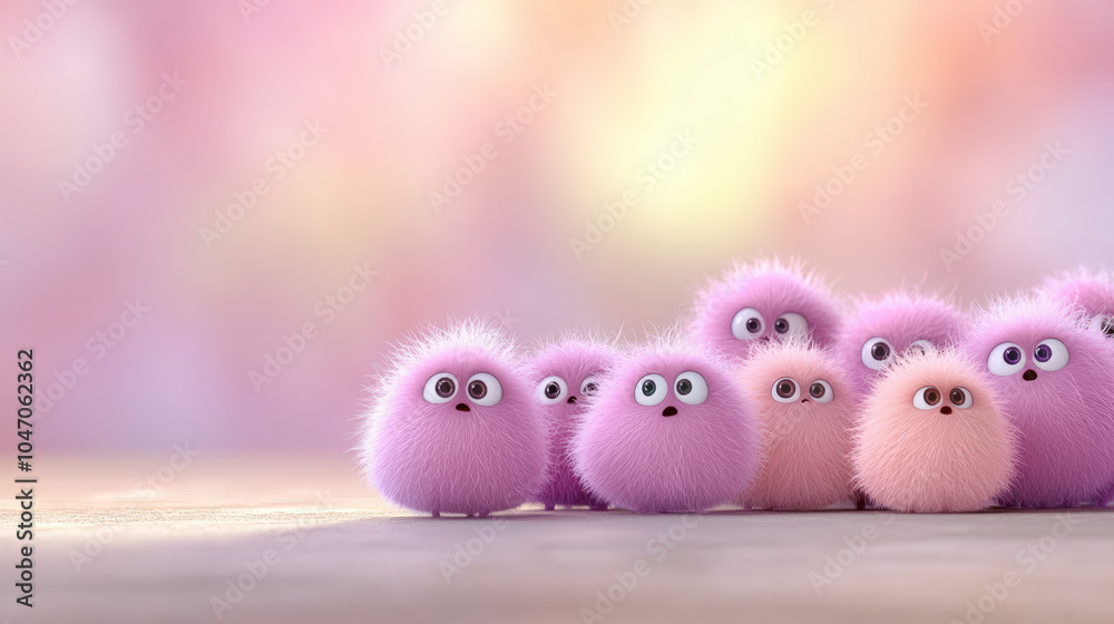 A group of fluffy, pink cartoon creatures with large eyes, standing together on a soft, blurred background with pastel hues. A group of fluffy, pink cartoon creatures with large eyes, standing together on a soft, blurred background with pastel hues.