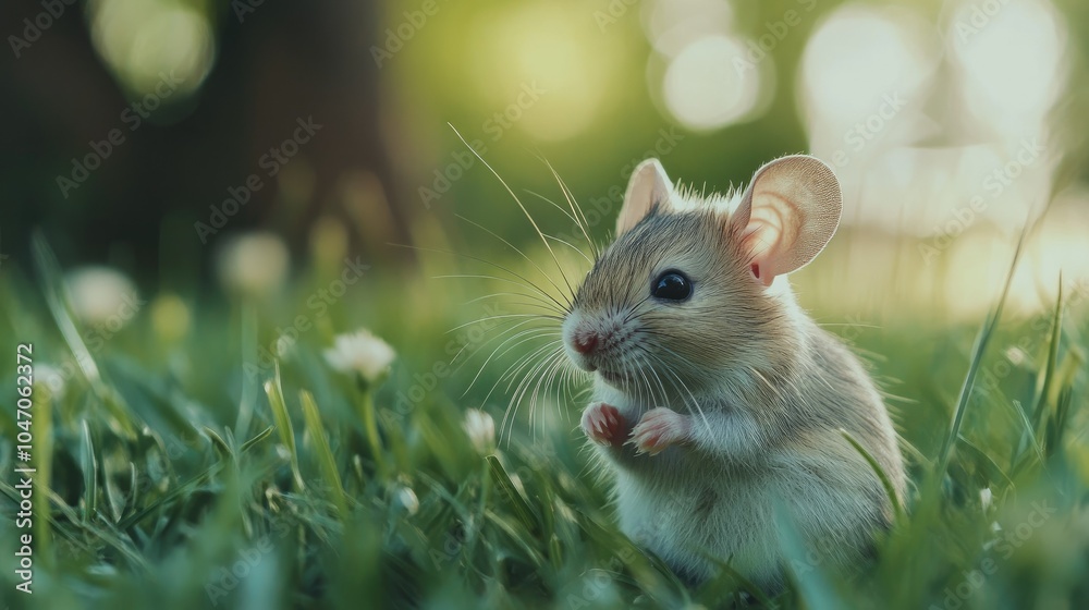 A tiny mouse with soft fur sitting in a field of grass, with plenty of copy space in the background for text or branding. A tiny mouse with soft fur sitting in a field of grass, with plenty of copy space in the background for text or branding.