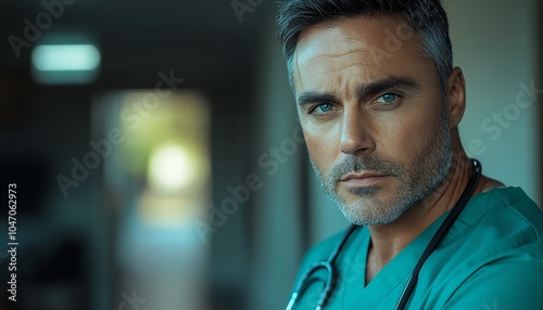 Focused male doctor in scrubs, with a stethoscope around his neck, thoughtfully analyzing a patient s medical diagnosis in a clinical setting