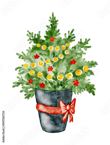 Watercolor holiday Christmas tree arrangement in a pot with red ribbon and colorful decorations