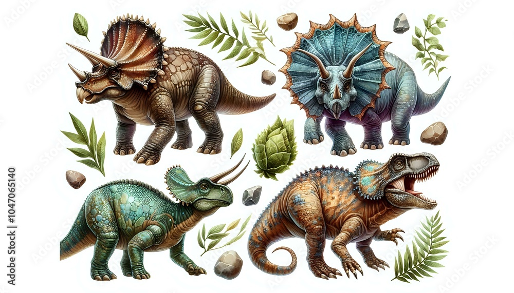 Obraz premium Colorful Dinosaur Illustrations with Botanical Elements