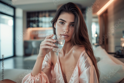 Woman in satin robe enjoying a glass of water in a modern, softly lit interior