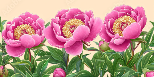 Peonies with globe-shaped blooms growing in a cottage garden, illustration art