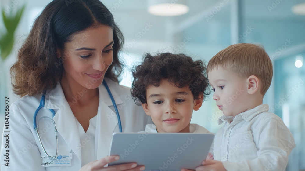 A doctor shows two young children something interesting on a tablet, fostering engagement and curiosity in a cheerful and educational setting. A doctor shows two young children something interesting on a tablet, fostering engagement and curiosity in a cheerful and educational setting.