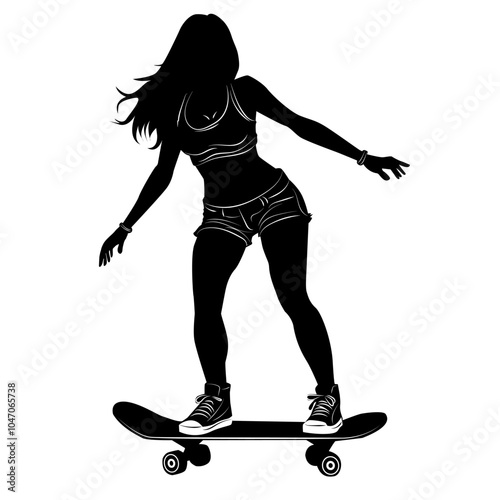A dynamic vector of a skateboarding silhouette, capturing movement and style, ideal for sports-themed designs, apparel graphics, or branding. Fully editable for versatile creative use