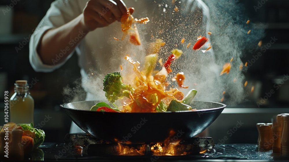 Highlighting culinary expertise, the chef expertly tosses vibrant vegetables in a sizzling wok, capturing the essence of dynamic cooking and fresh ingredients in a professional kitchen setting. Highlighting culinary expertise, the chef expertly tosses vibrant vegetables in a sizzling wok, capturing the essence of dynamic cooking and fresh ingredients in a professional kitchen setting.