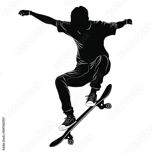 A dynamic vector of a skateboarding silhouette, capturing movement and style, ideal for sports-themed designs, apparel graphics, or branding. Fully editable for versatile creative use