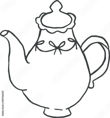 Teapot cute hand drawn line art whimsical illustration in coquette style, png photo