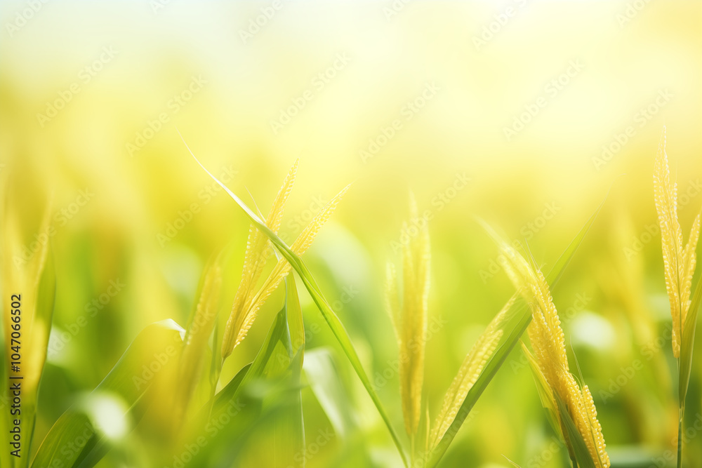Closeup of Golden Corn Ears in Green Field with Sunlit Background Closeup of Golden Corn Ears in Green Field with Sunlit Background