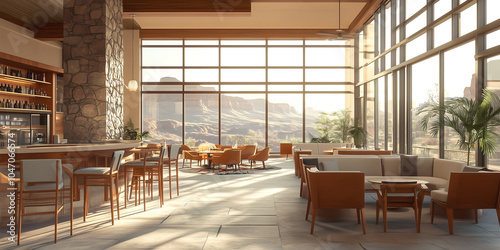 Modern futuristic interior of a golf course clubhouse with curvilinear architecture and furniture decoration.