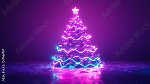 3d abstract christmas tree with neon lights