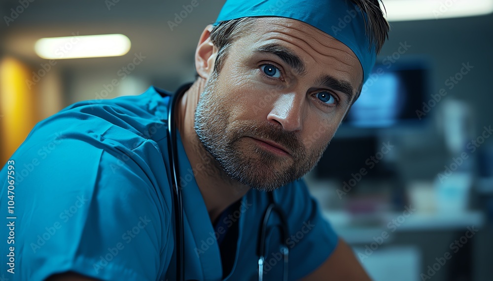Pensive male doctor in scrubs, stethoscope on hand, reflecting on a challenging medical diagnosis in a hospital setting Pensive male doctor in scrubs, stethoscope on hand, reflecting on a challenging medical diagnosis in a hospital setting