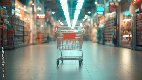 An empty shopping cart sits in the aisle of a well-lit, spacious supermarket, surrounded by shelves stocked with various products.