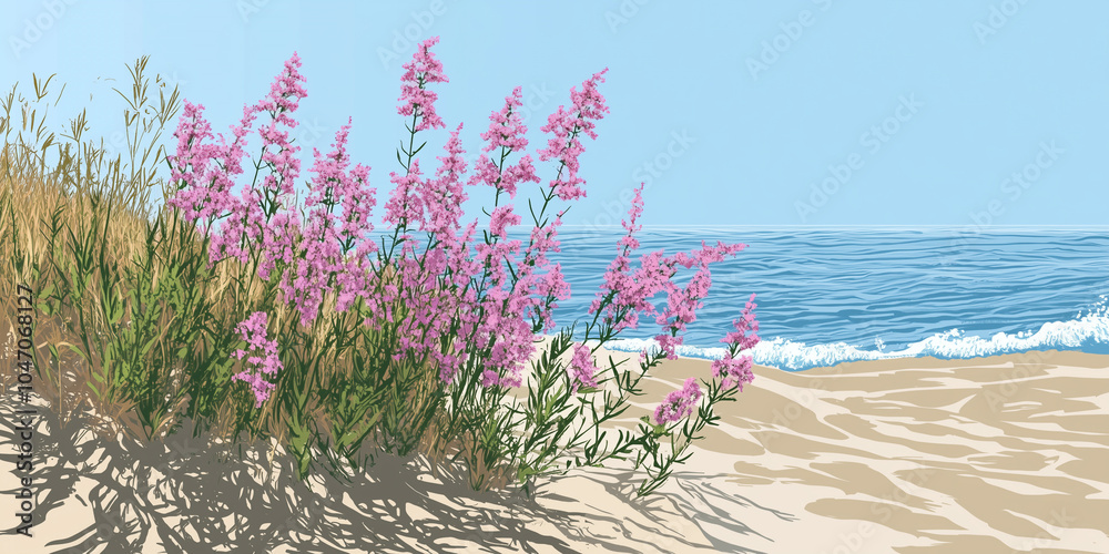 Sea rocket plants on a beach above the high tide line, illustration art Sea rocket plants on a beach above the high tide line, illustration art
