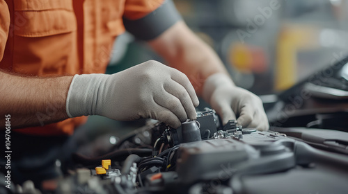 Mechanic in gloves working on a car engine, focusing on repairing and adjusting components in a well-lit garage environment.