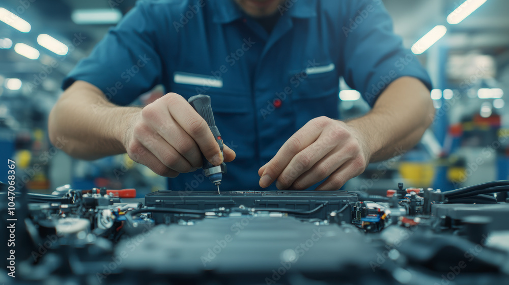 A technician in a blue uniform precisely works on electronic circuitry, using a screwdriver. The background is an industrial setting with blurred machinery. A technician in a blue uniform precisely works on electronic circuitry, using a screwdriver. The background is an industrial setting with blurred machinery.