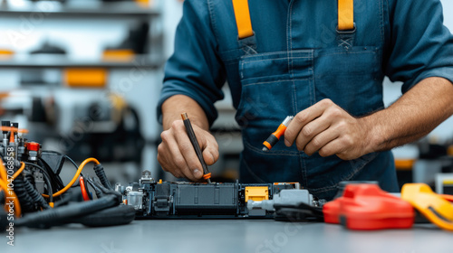 Technician in blue overalls working on electronic equipment at a workshop, using tools for repair and maintenance of various electronic components. photo