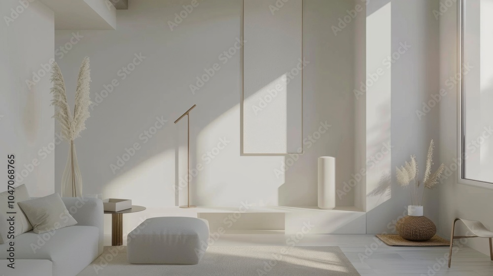 Fototapeta premium A minimalist Scandinavian-inspired living room design featuring a white canvas backdrop, furnished with sleek Scandinavian furniture arrangements, Nordic minimalism style