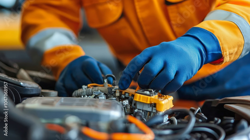 A mechanic wearing blue gloves and an orange uniform works on an engine, focusing on intricate components and connectors under the vehicle hood.