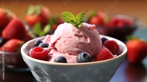 A bowl of pink berry ice cream topped with fresh blueberries and raspberries and a sprig of mint, with strawberries in the background.