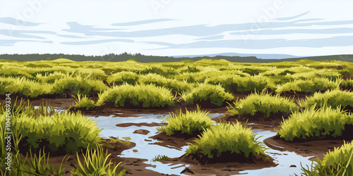 Sphagnum moss in a peat bog landscape, illustration art photo