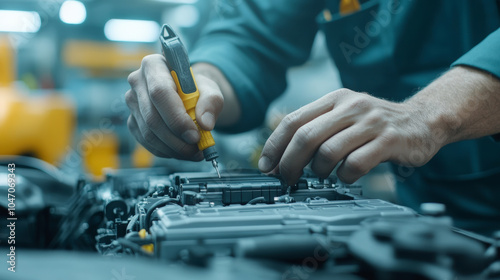 A mechanic is using a screwdriver to repair an engine in a workshop. The focus is on the hands and engine components.