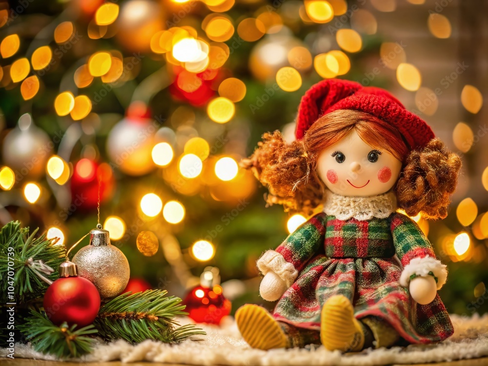 Charming Christmas Rag Doll in Cozy Holiday Setting for Festive Decor Charming Christmas Rag Doll in Cozy Holiday Setting for Festive Decor