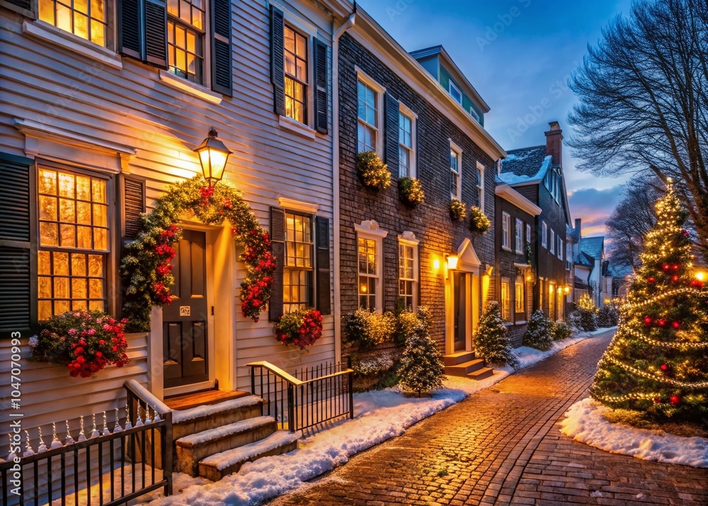 Fototapeta premium Charming Nantucket Christmas Decorations: Cozy Holiday Candid Photography