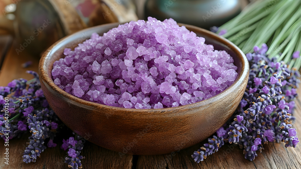 Purple Bath Salts in Wooden Bowl with Lavender Flowers - Realistic Image Purple Bath Salts in Wooden Bowl with Lavender Flowers - Realistic Image