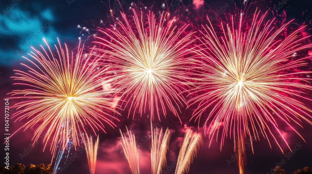 Naklejka premium Bright fireworks exploding against the dark sky, with ample copy space below.