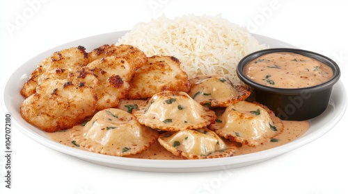 A plate of food with chicken, ravioli, rice, and a creamy sauce.