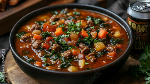 Beef and Vegetable Soup with Parsley - Realistic Image