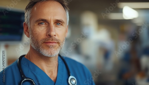 Thoughtful male physician in scrubs and stethoscope, deeply engaged in medical diagnosis considerations within a hospital context