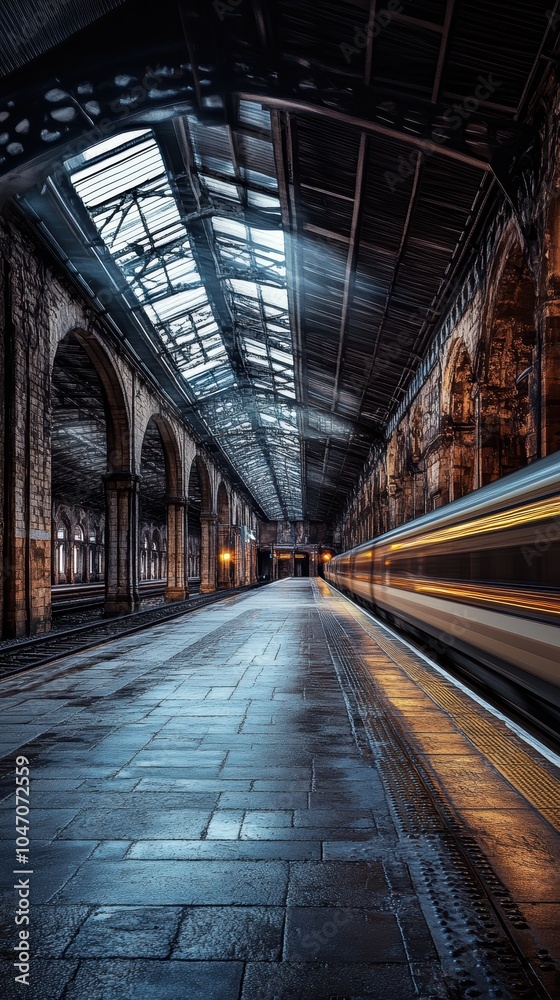 Train station with train passing through Train station with train passing through