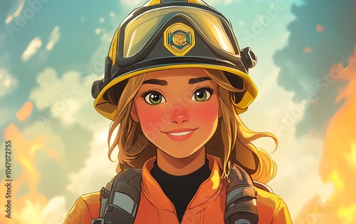 Vibrant cartoon portrayal of a female firefighter in full protective attire and helmet, exuding readiness and strength in an engaging scene photo