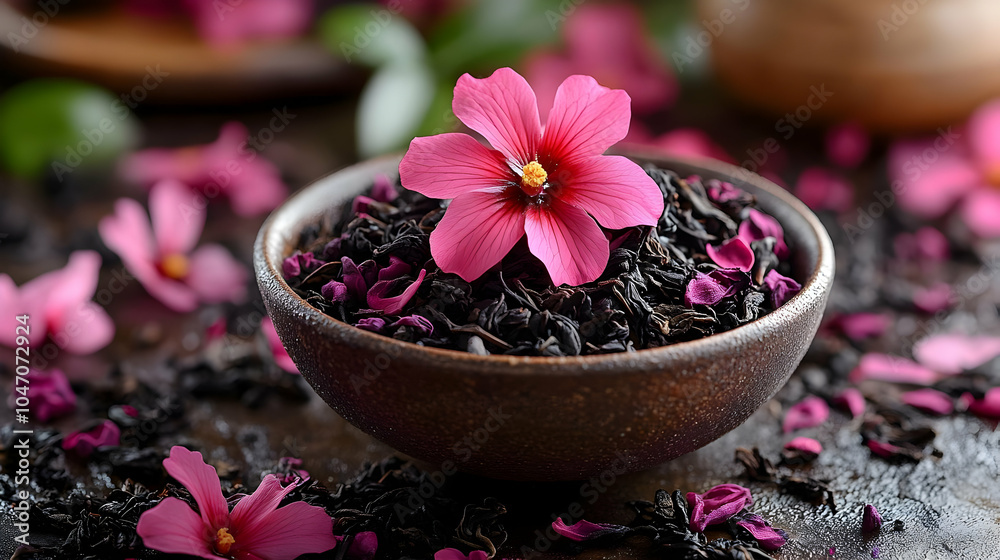 Pink Flower on Black Tea Leaves in Bowl - Photo Pink Flower on Black Tea Leaves in Bowl - Photo