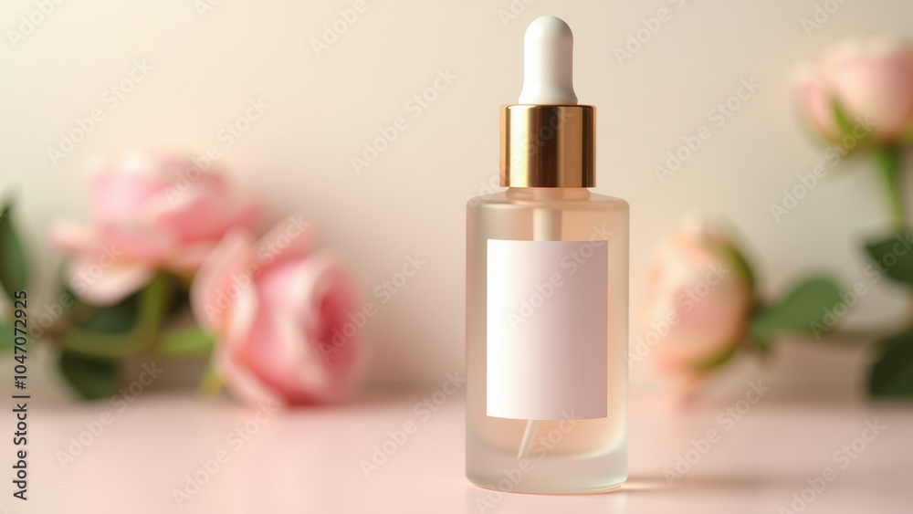 Naklejka premium A small bottle of skincare product with a dropper, set against a light pink background adorned with flowers.