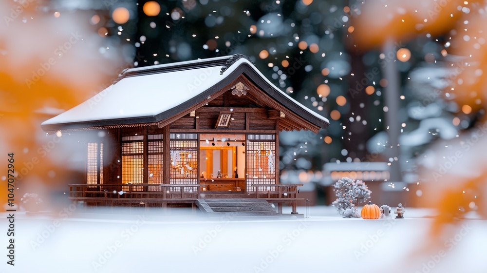 A traditional Japanese house with snow falling in the background. A traditional Japanese house with snow falling in the background.
