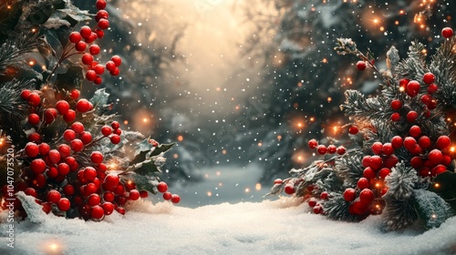 WInter Hoarfrost on the branch. Beautiful frozen plants with leaves. Garden nature background. Macro nature. Christmas Plant with ice crystals on natural blurry lighting bokeh