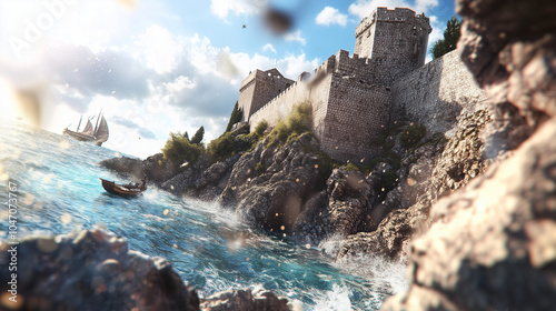 sea, coast, Dubrovnik, old town, Croatia, digital art, landscape, sunny day at sea