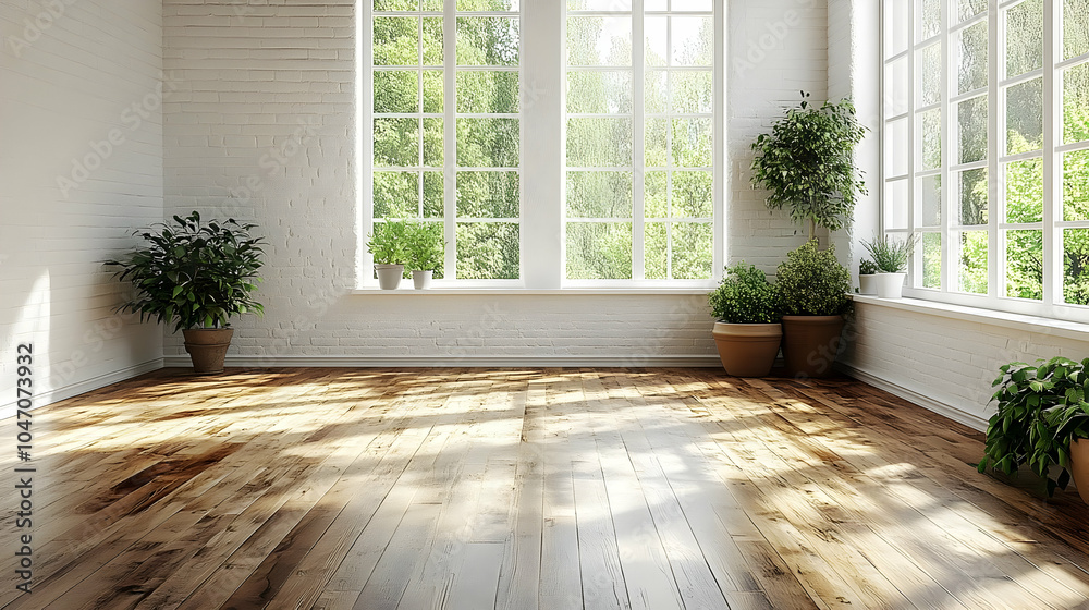 Empty Room with Large Window and Wooden Floor - 3d Illustration Empty Room with Large Window and Wooden Floor - 3d Illustration