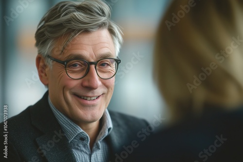 A man wearing glasses is smiling at the camera