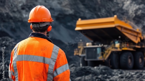 A construction worker in an orange safety vest and helmet observes a large dump truck in a mining environment.