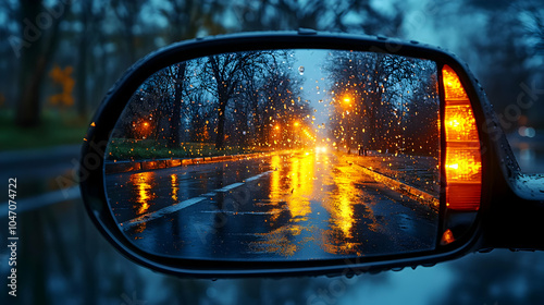 Rainy Night Street View in Rearview Mirror Illustration