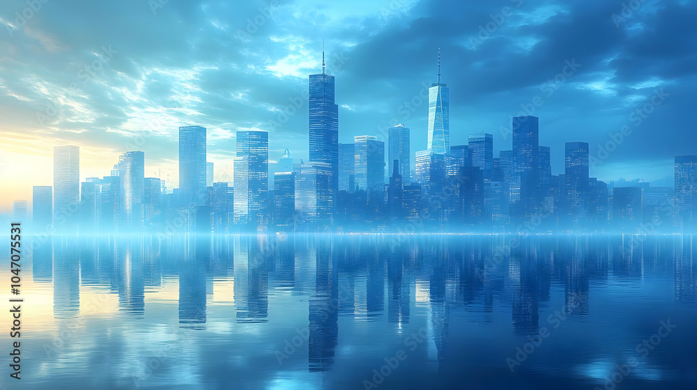 Blue Cityscape Illustration with Reflection Blue Cityscape Illustration with Reflection